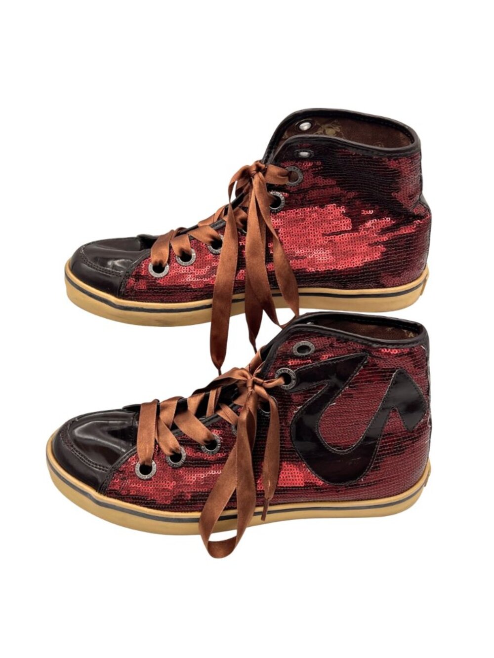 True Religion Sequin High Top Sneakers Womens Size 9.5 Burgundy Patent Leather - Picture 3 of 15
